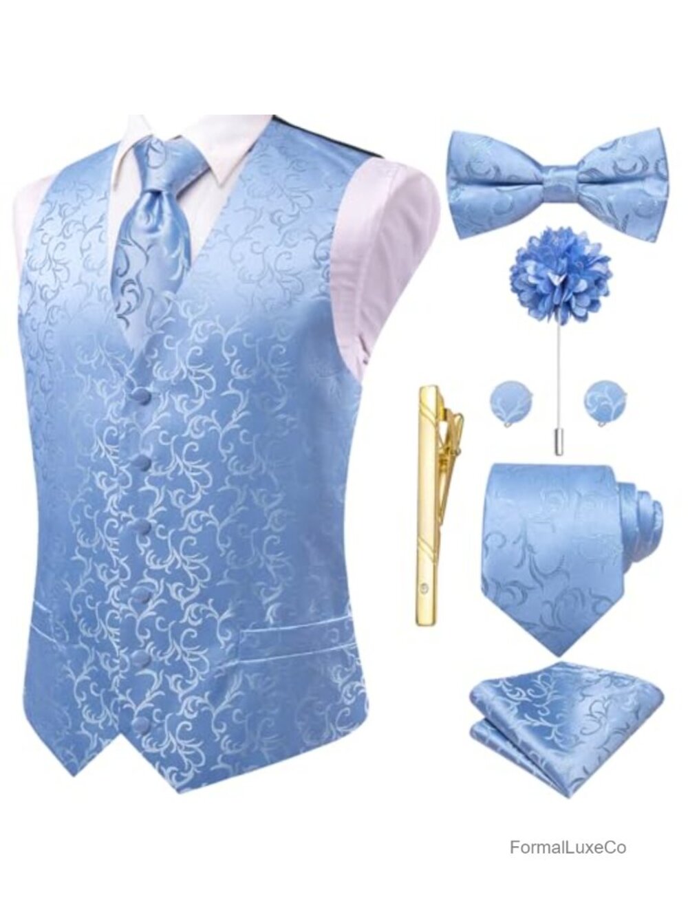 Mens Silk Suit Vest Tie Bowtie Paisley Waistcoat 8PC Tuxedo Wedding Party Set